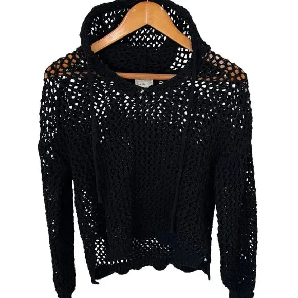 NICOLE MILLER ARTELIER Sweater Womens Medium Black Crochet Hoodie Vacation - Picture 5 of 11